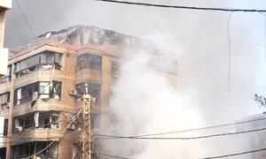 A building on fire after an attack in a suburb of Beirut, the capital of Lebanon.