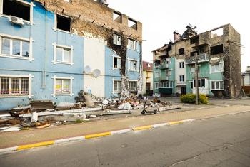 Damaged buildings in Irpin, Ukraine.