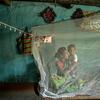 Uma mulher e uma criança sentam-se sob um mosquiteiro em Chhattisgarh, Índia