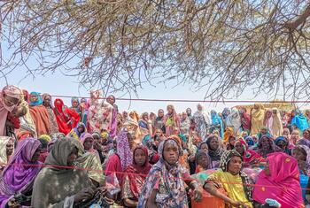 Kikundi cha wanawake wa wakimbizi wa Sudan na watoto wanapokea msaada wa chakula katika kituo cha wakimbizi cha Koulbus nchini Chad, wakiungwa mkono na Shirika la Chakula Duniani (WFP).Wao wameketi chini ya miti, wakiwa na mifuko ya vyakula ikiwa ni pamoja na sorghum na vyakula maalum vyenye lishe kwa akina mama na watoto.