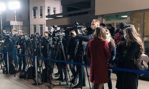 Journalists gather at an event in Moldova, in eastern Europe.