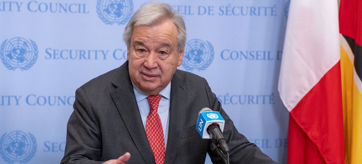 UN Secretary-General António Guterres briefs the media outside the Security Council on the situation in Gaza.