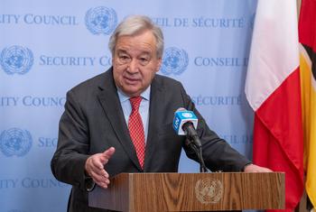 UN Secretary-General António Guterres briefs the media outside the Security Council on the situation in Gaza.
