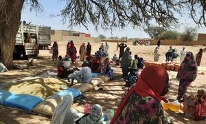 People in West Darfur collect emergency food rations.