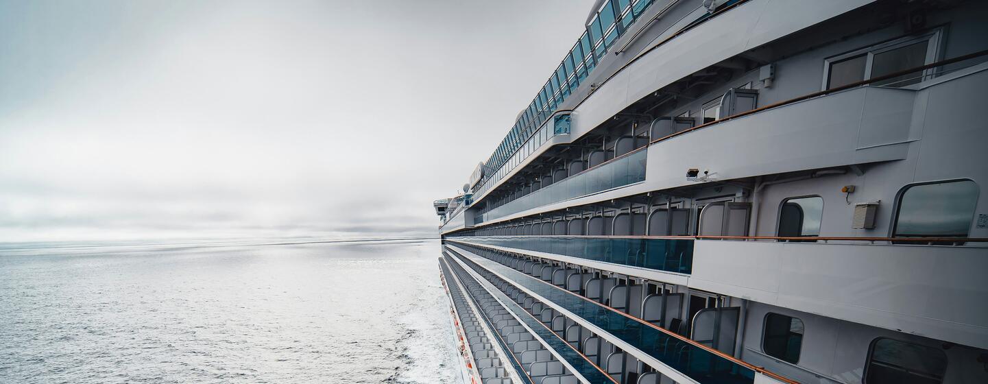 Un grand navire de croisière blanc traverse l'océan par un jour nuageux.