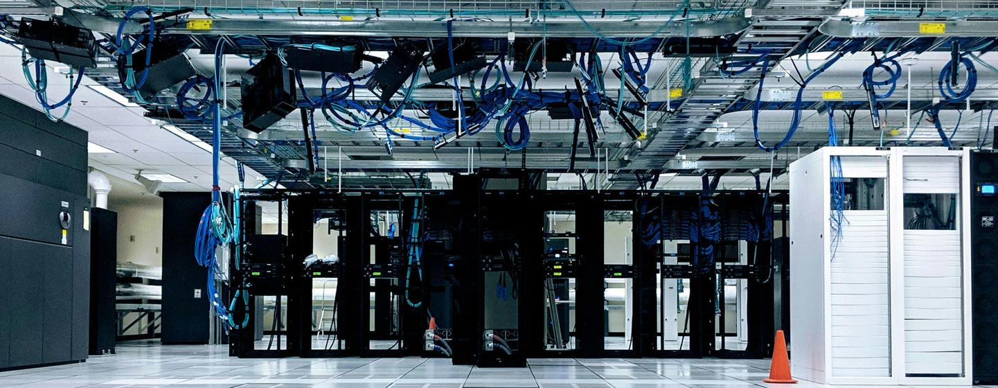 In a data centre, servers are high-performance computers that process and store data.