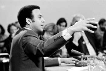 Ambassador Andrew Young, Permanent Representative of the United States to the United Nations, holds a press conference at UN Headquarters. (December 1977)