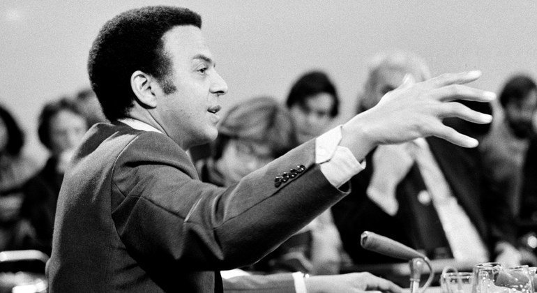 Ambassador Andrew Young, Permanent Representative of the United States to the United Nations, holds a press conference at UN Headquarters. (December 1977)