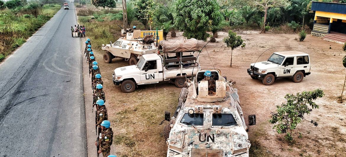 Bangladeshi peacekeepers secure a checkpoint in Begoua, Central African Republic.