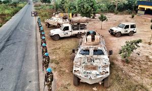 Bangladeshi peacekeepers secure a checkpoint in Begoua, Central African Republic.