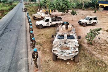 Bangladeshi peacekeepers secure a checkpoint in Begoua, Central African Republic.