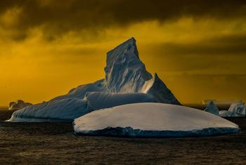 A majestic iceberg with sharp peaks floats in icy waters under a dramatic golden-yellow sky, highlighting the beauty and vulnerability of Antarctica's environment.