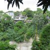 Vista de una ladera tropical con densa vegetación verde, un terraplén de hormigón y varias casas enclavadas entre los árboles.