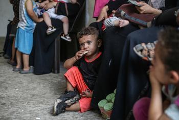 Children eat high-energy biscuits at a nutrition screening clinic in Gaza.