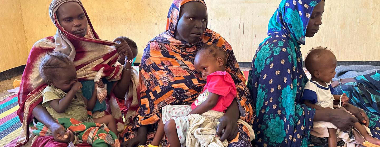 Des mères et leurs enfants fréquentent un centre de nutrition à Tawila, dans l'État du Darfour-Nord, au Soudan.