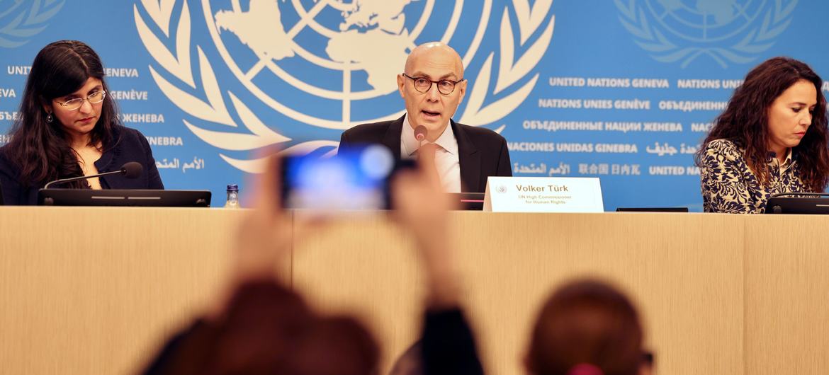 UN High Commissioner for Human Rights Volker Türk briefs journalists at a press conference ahead of Human Rights Day.