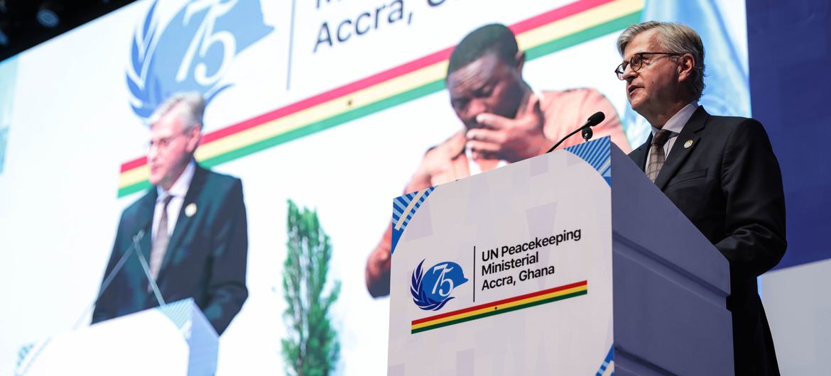 The head of UN Peacekeeping, Jean-Pierre Lacroix addresses the 2023 Ministerial in Ghana.