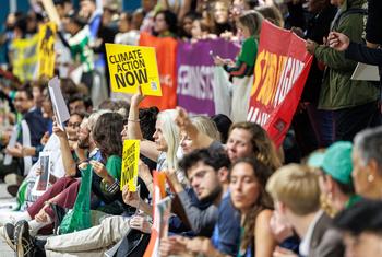 People advocate for action at a global meeting on climate change in Baku, Azerbaijan.