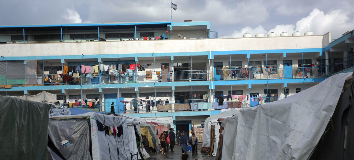 Shelters have have been built in an UNRWA school-turned-shelter in Deir Al-Balah. (file)