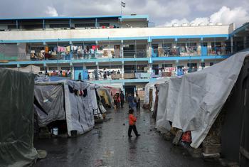 Shelters have have been built in an UNRWA school-turned-shelter in Deir Al-Balah. (file)
