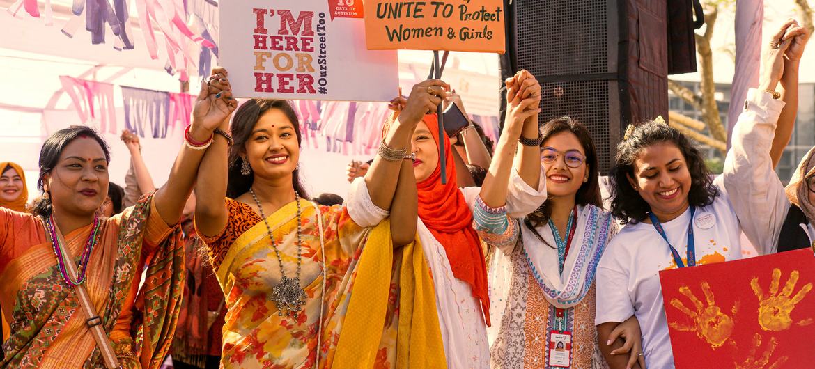 Orange the World: People gathered at the Cox's Bazaar cultural centre in Bangladesh during UN Women's 16 Days of Activism campaign.