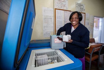 A nurse stores vaccines in a dedicated solar-powered refrigerator at the Budiriro Clinic in Zimbabwe.