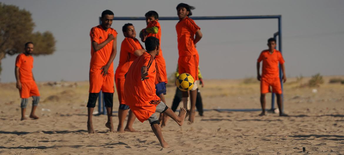 Players in football tournament for displaced people in Ma'rib, Yemen Players in football tournament for displaced people in Ma'rib, Yemen