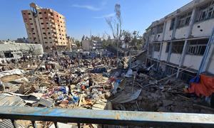 Aftermath of a 6 May Israeli airstrike on an UNRWA school turned shelter in Al Bureij, Gaza where 30 people were reported killed, among them women and children.