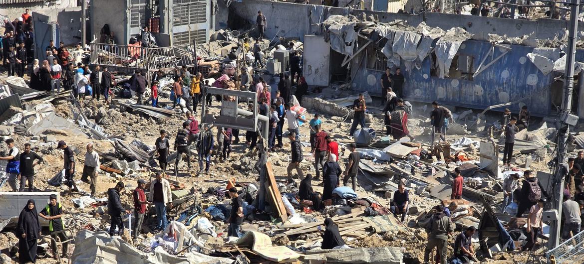 An UNRWA school turned shelter in Gaza lies in ruins following an airstrike.