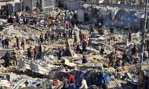 An UNRWA school turned shelter in Gaza lies in ruins following an airstrike.