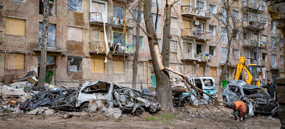 Buildings in Kyiv, Ukraine, show the results of bomb damage.