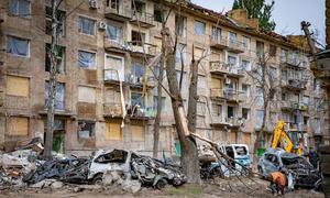 Buildings in Kyiv, Ukraine, show the results of bomb damage.