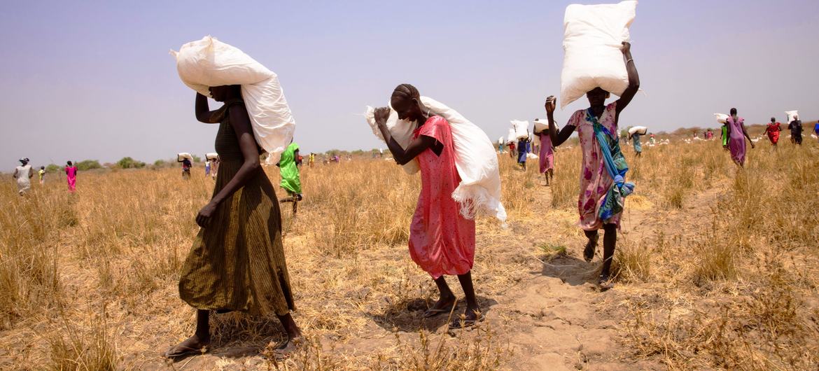 Des habitants récupèrent des sacs de céréales après un largage aérien du Programme alimentaire mondial (PAM) dans l'État de Jonglei, au Soudan du Sud.