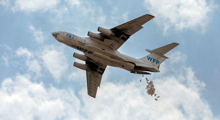 Sacos de sorgo son lanzados desde un avión en el estado de Jonglei, Sudán del Sur.