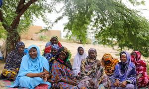 Un groupe de femmes de l'association NIA IDJE TEREY à Tombouctou, au Mali, sont assises ensemble sur une natte sous un arbre.