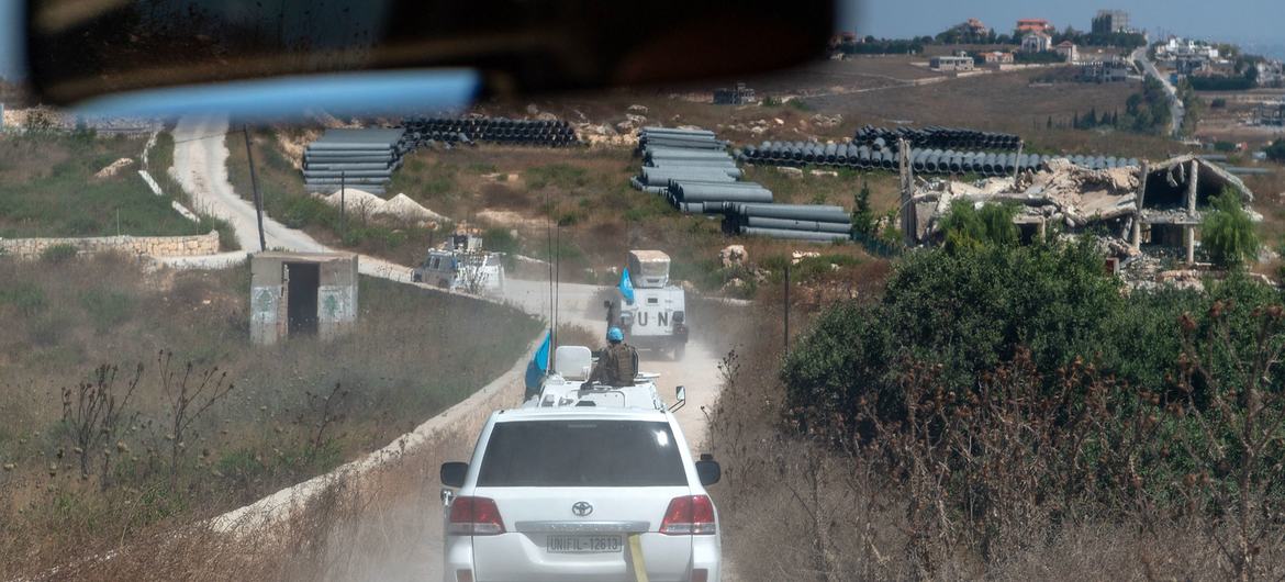 A UNIFIL convoy travels close to the Blue Line in southern Lebanon.