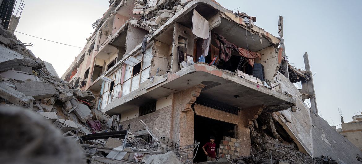 Washing is hung up to dry in a damaged home in Gaza City.