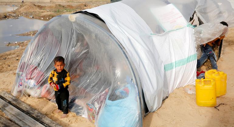 Displaced Gazans are living in tents made of cloth and plastic.