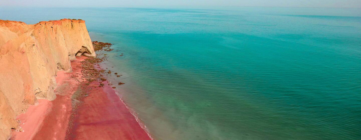 Une vue de la plage rouge sur l'île d'Ormuz en Iran, avec le littoral de sable rose distinctif et des falaises rouges rencontrant l'eau turquoise sous un ciel bleu.