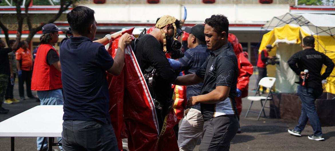 Indonesian teams take part in training exercises to prepare for potential chemical terrorism attacks.