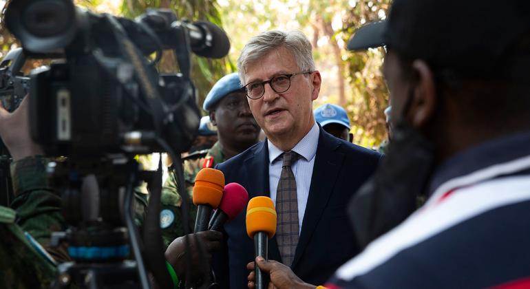 The head of UN peace operations, Jean-Pierre Lacroix, is interviewed by journalists in Bangui in the Central African Republic.