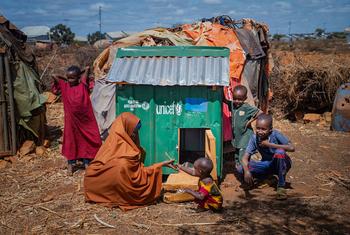 Une femme somalienne et ses enfants posent à côté d'un poulailler vert de l'UNICEF dans un camp de déplacés internes à Barwaaqo, à Baidoa, en Somalie.
