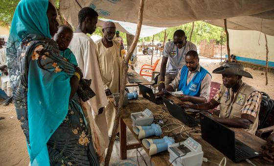 Refugees from Sudan register at a centre in Birao in the Central African Republic.