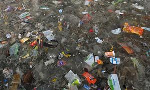 Plastic waste is washed up on a beach in India.