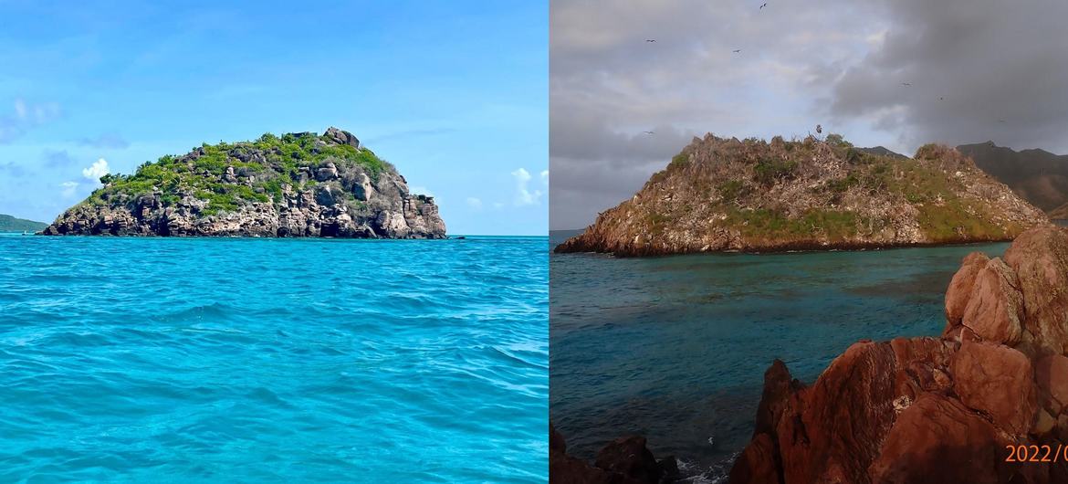 2022年6月的蟹礁岛（左图）与飓风“伊塔”过后的蟹礁岛（右图）。