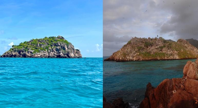 (على اليسار) جزيرة السلطعان في يونيو 2022 (على اليمين) جزيرة السلطعان مباشرة بعد إعصار إيوتا.