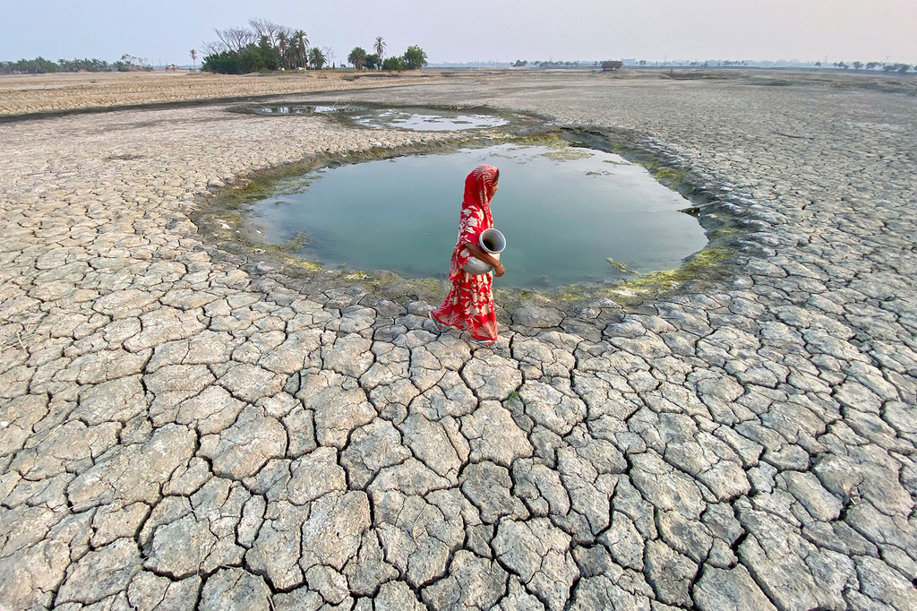 A woman collects water in drought-affected Satkhira district in western Bangladesh.