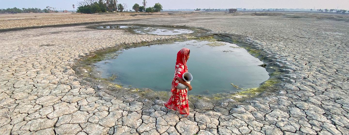 Una mujer vestida de rojo recoge agua de un pequeño estanque en una zona afectada por la sequía en el distrito de Satkhira, Bangladesh.