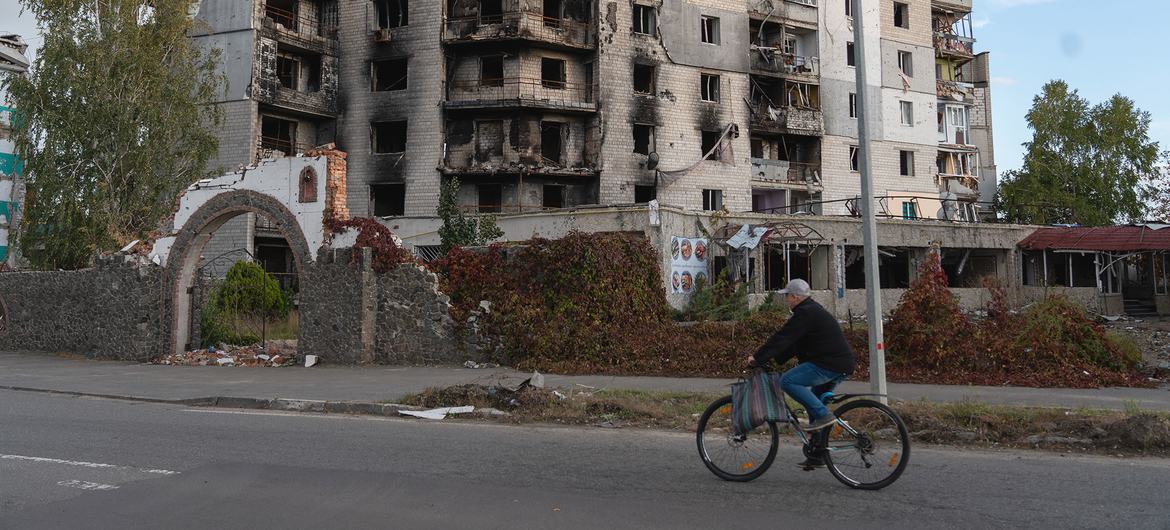 An apartment building in Borodianka, Ukraine, stands in ruins following a missile attack. 