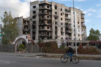 An apartment building in Borodianka, Ukraine, stands in ruins following a missile attack. 